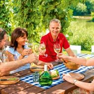 Vier mensen proosten met witte wijn aan een houten tafel bij de Main in Frankisch wijnland, met wijngaarden en rivier op de achtergrond.