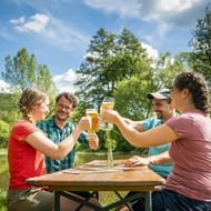 Vier fietsers proosten met bierglazen aan een houten tafel bij de Altmühl, omringd door groene bomen onder een blauwe lucht.