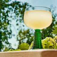 Glas witte wijn met groene geribbelde steel naast verse druiven en wijnbladeren op houten tafel, met wijngaardgebladerte op achtergrond.