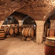 Stenen wijnkelder in Bourgondië met gewelfde nissen vol houten wijnvaten. Het gewelf en stenen pilaren creëren sfeervolle verlichting.