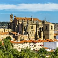 Gotische kathedraal met sierlijke stenen gevel en klokkentoren domineert het historische stadsbeeld van Cáceres, omringd door traditionele gebouwen met rode pannendaken.