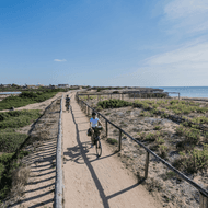 Fietsers rijden op een houten loopbrug met leuningen door kustvegetatie in Apulië, Italië. Blauwe zee en lucht op de achtergrond.