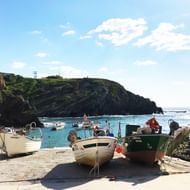 Verschillende vissersboten aangemeerd in een kleine kusthaven met turquoise water, omgeven door rotsachtige kliffen en groene vegetatie.