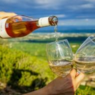 Hand schenkt witte wijn uit een fles in twee glazen met wijngaarden en landschap van Zuid-Frankrijk op de achtergrond.