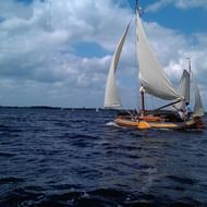 Traditionele houten zeilboot met witte zeilen op de voorgrond op het IJsselmeer, met meerdere andere zeilboten zichtbaar op de achtergrond onder een bewolkte hemel.