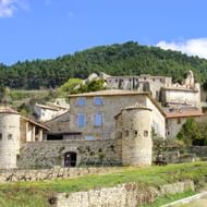 Historisch stenen kasteel in Gigondas, Provence, met ronde torens en blauwe luiken, gelegen tegen beboste heuvels onder een blauwe hemel.