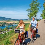 Twee fietsers op rode fietsen rijden langs een geasfalteerde weg met panoramisch uitzicht op het Bodenmeer, heuvels en dorpen onder een blauwe lucht.