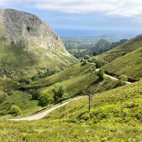 Kronkelende bergweg door groene vallei in Picos de Europa, Asturië. Glooiende heuvels met weelderige begroeiing naar rotsachtige toppen.