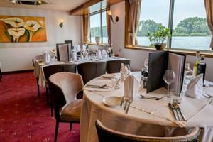 Elegant restaurantinterieur op MS Veloria met gedekte tafels, bruine stoelen, rood tapijt en grote ramen met uitzicht op een rivier.