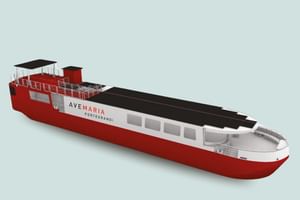 3D-weergave van MS Ave Maria Portegrandi, een rood-wit riviercruiseschip met zwarte dekafdekking en zitgedeelte op het bovendek.