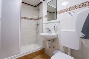Compacte MS Amore hut badkamer met witte tegels, mozaïekrand, glazen douche, wandwastafel, spiegel en toilet.