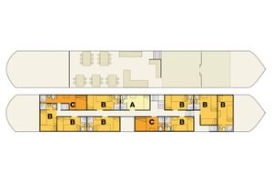 Tweedeks plattegrond van MS Caprice met eetruimte op het bovendek en hutten A, B en C met badkamers op het benedendek.