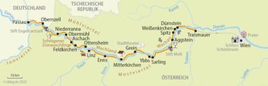 Fietsroutekaart langs de Donau door Oostenrijk en Duitsland, met steden van Passau tot Wenen waaronder Linz, Grein en Melk.