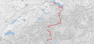 Kaart met fietsroute door Zwitserland van Kreuzlingen aan Bodensee naar Locarno aan Lago Maggiore via Rorschach, Buchs, Chur en Flims.