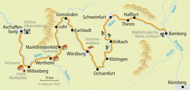 Fietsroutekaart langs de Main van Bamberg naar Aschaffenburg met steden als Schweinfurt, Würzburg en Miltenberg en bezienswaardigheden.