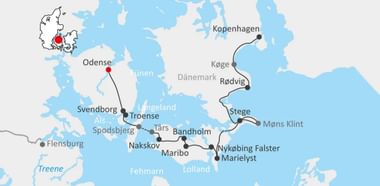 Kaart met fietsroute van Odense door Funen naar Kopenhagen via Svendborg, Troense, Nakskov en kuststeden in Denemarken.