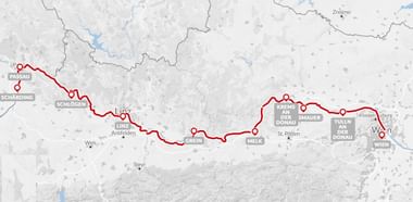 Kaart van Donaufietsroute van Passau via Schärding, Schlögen, Linz, Grein, Krems, Tulln naar Wenen met rode lijn.
