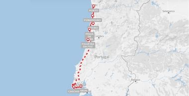 Kaart met fietsroute langs Portugese kust van Porto naar Lissabon met stops in Furadouro, Aveiro, Praia, Figueira da Foz en Cascais.