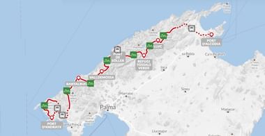 Topografische kaart van Mallorca met de GR221 wandelroute in rood, van Port d'Andratx naar Port d'Alcúdia via bergdorpen.