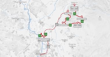 Kaart met een wandelroute in de Provence met rode stippellijn die locaties verbindt zoals Vaison-la-Romaine, Malaucène, Barroux en Châteauneuf-du-Pape bij Avignon.