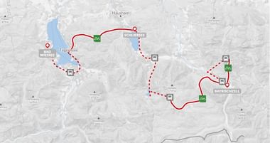 Wandelroutekaart van Wiessee via Tegernsee en Schliersee naar Bayrischzell in de Beierse Alpen met accommodatie- en service-iconen.