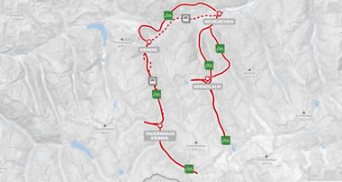 Kaart van ronde wandelroute in Hohe Tauern, Oostenrijk, die Neukirchen, Krimml, Berndlalm en Tauernhaus verbindt met rode routes en groene hutmarkeringen.