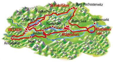 3D topografische kaart van fietsroute door Karinthische merengebied in Oostenrijk, die steden zoals Villach, Klagenfurt en Klopeiner See verbindt.