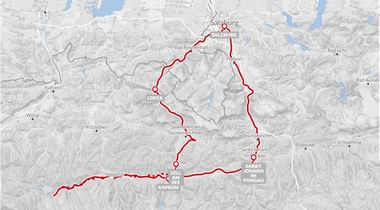Kaart van de Tauern fietsroute door Oostenrijk, rood gemarkeerd, verbindt Salzburg met Zell am See, Kaprun en Pongau.
