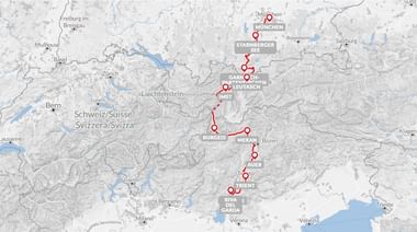 Kaart met fietsroute van Garmisch door de Alpen naar het Gardameer, via Starnberger See, Leutasch en Auer.
