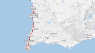 Kaart van de Rota Vicentina wandelroute langs de zuidwestkust van Portugal van Porto Covo naar Sagres via Vila Nova de Milfontes, Odeceixe, Aljezur, Arrifana en Carrapateira.