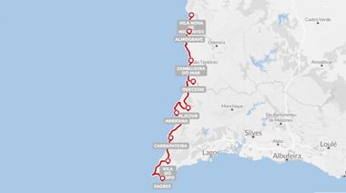 Kaart van de Rota Vicentina route langs de Portugese kust van Vila Nova de Milfontes naar Sagres via Almograve, Zambujeira, Odeceixe, Aljezur, Carrapateira en Vila do Bispo.