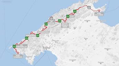Wandelkaart met route door het Tramuntana-gebergte op Mallorca, van Port d'Andratx naar Port d'Alcúdia via Valldemossa en Lluc.