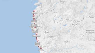 Kaart van de Camino Portugal pelgrimsroute van Porto naar Baiona langs de Portugese kust, met gemarkeerde stops waaronder Guarda, Viana do Castelo en Esposende.