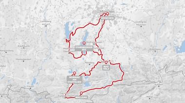 Kaart met fietsroute van München door het Beierse merengebied via Starnberger See, Bad Tölz, Murnau am Staffelsee en Walchensee.