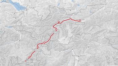 Kaart met fietsroute van Innsbruck via Imst, Scuol, Zernez naar Moritz in Zwitserland, gemarkeerd met rode lijn en locatieaanduidingen.