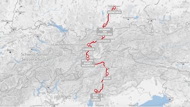 Kaart met fietsroute van München naar Gardameer door de Alpen via Starnberger See, Leutasch, Brenner, Sankt Valentin en Riva.