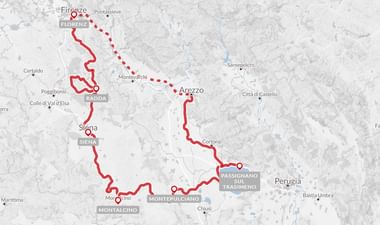 Kaart met fietsroute door Toscane van Florence via Radda, Siena, Montalcino naar Passignano sul Trasimeno.