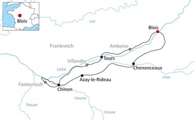 Kaart van de Loire kastelen route van Blois naar Fontevrault via Tours, Amboise, Chenonceaux, Azay-le-Rideau en Chinon.