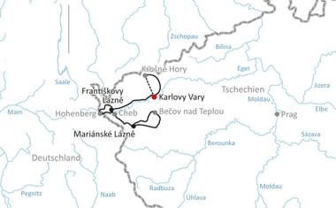 Routekaart door Boheemse kuuroorden waaronder Karlovy Vary, Mariánské Lázně en Františkovy Lázně in Tsjechië.
