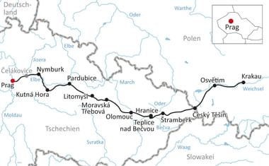 Kaart van fietsroute van Praag naar Krakau door Tsjechië en Polen, langs steden als Nymburk, Pardubice, Olomouc en Ostrava.