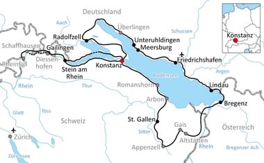 Fietsroute rond de Bodensee met steden als Konstanz, Meersburg, Bregenz en Lindau in Duitsland, Oostenrijk en Zwitserland.