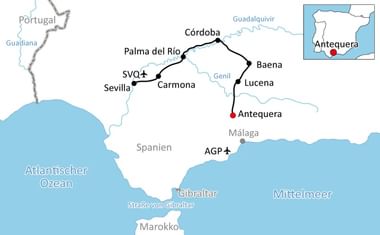 Kaart met fietsroute door Andalusië die Córdoba, Palma del Río, Sevilla, Carmona, Baena, Lucena en Antequera verbindt met overzichtskaart.