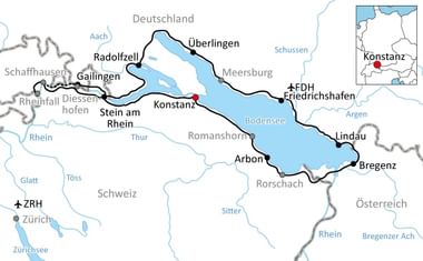 Kaart met fietsroute rondom de Bodensee door Duitsland, Zwitserland en Oostenrijk, met steden als Konstanz, Bregenz en Stein am Rhein.