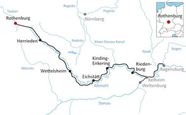 Kaart van fietsroute door Altmühltal van Rothenburg naar Regensburg via Herrieden, Wettelsheim, Eichstätt en Riedenburg.