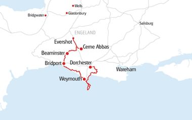 Kaart met een wandelroute in Dorset, Engeland. Rode lijn verbindt plaatsen: Evershot, Cerne Abbas, Beaminster, Bridport, Weymouth en Dorchester.