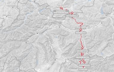 Kaart met fietsroute van Garmisch-Partenkirchen via Mittenwald, Innsbruck, Gschnitztal, Obernbergtal, Gossensass naar Sterzing in de Alpen.