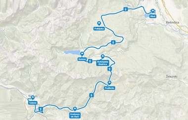 Kaart van de Juliana Trail zuidoost door Slovenië met gemarkeerde locaties zoals Bled, Pokljuka, Bohinj, Bohinjska Bistrica, Podbrdo, Tolmin en Grahovo ob Bači.