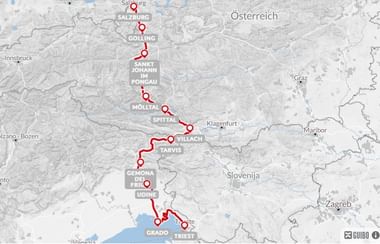 Kaart met fietsroute van Salzburg door Oostenrijk naar Triëst, Italië. Rode lijn verbindt steden zoals Golling, Spittal, Villach en Udine.