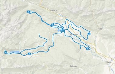 Topografische kaart met blauwe fietsroutes vanuit Bled, Slovenië. Meerdere routes met fietspictogrammen verbinden plaatsen zoals Jesenice en Radovljica.