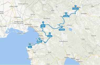 Kaart met fietsroute van Ljubljana naar Piran via Vrhnika, Postojna, Divača, Lipica, Koper en kuststeden in Slovenië.